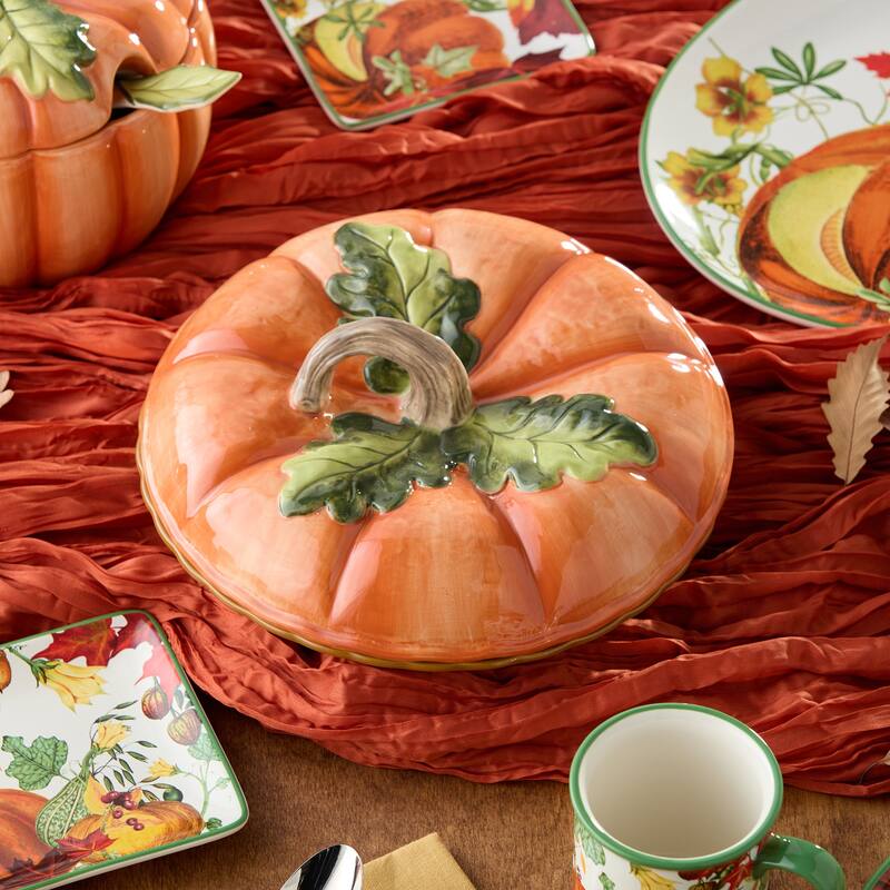 Certified International Harvest Fields 3-D Pumpkin Covered Pie Carrier - 10.50"L x 10.50"W x 5.25"H