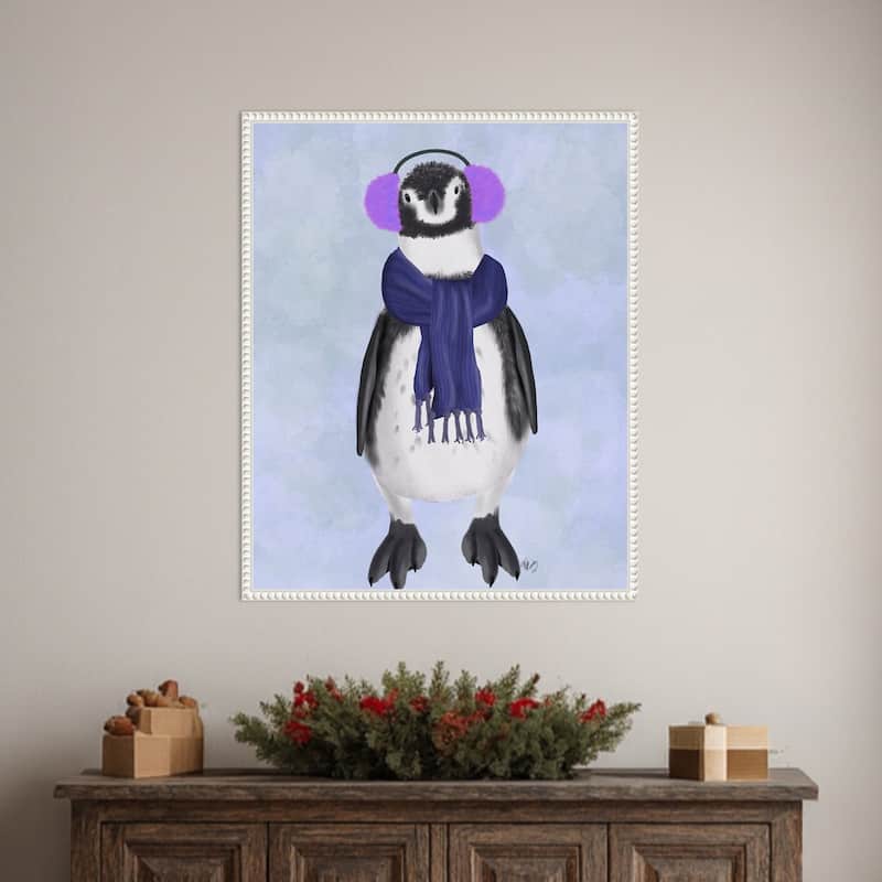 Penguin Ear Muffs by Fab Funky (23 x 28 in.), Framed Canvas Wall Art Print - Sylvie Beaded White