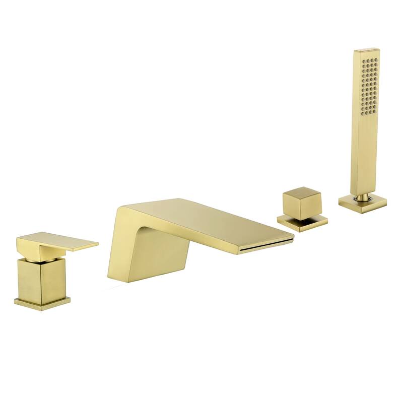 Waterfall Tub Faucet With Hand Shower Deck Mount Tub Filler With Sprayer Modern Bathtub Faucets Set With Diverter And Valve - Brushed Gold