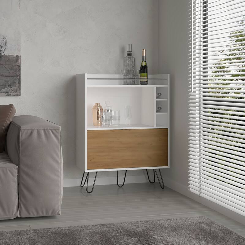 Tori 42" Tall One-Door Bar Cabinet with Three Cubbies, Three Shelves, Top Prep surface with Rail for Living room White