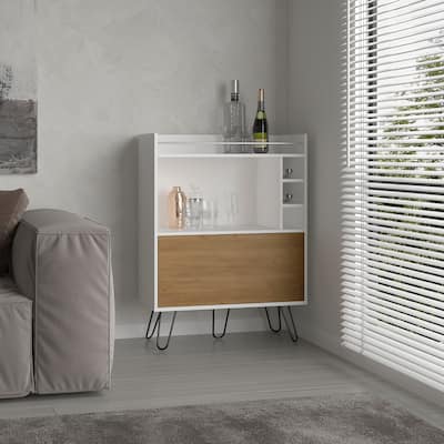 Tori 42" Tall One-Door Bar Cabinet with Three Cubbies, Three Shelves, Top Prep surface with Rail for Living room White
