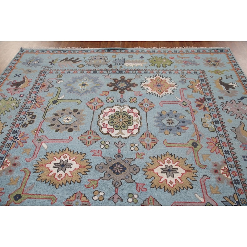 Blue Geometric Oushak Oriental Area Rug Handmade Wool Carpet - 8'2"x 9'9"