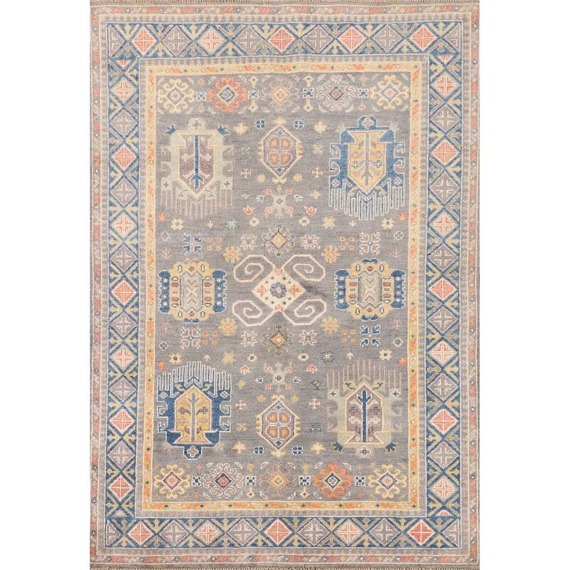 Gray Geometric Kazak Oriental Area Rug Handmade Bedroom Wool Carpet - 4'0"x 5'10"