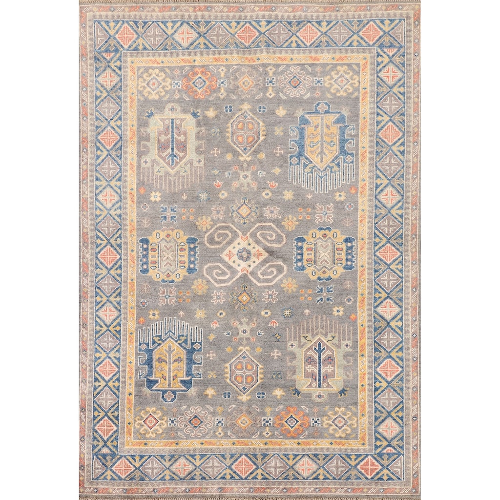 Gray Geometric Kazak Oriental Area Rug Handmade Bedroom Wool Carpet - 4'0"x 5'10"