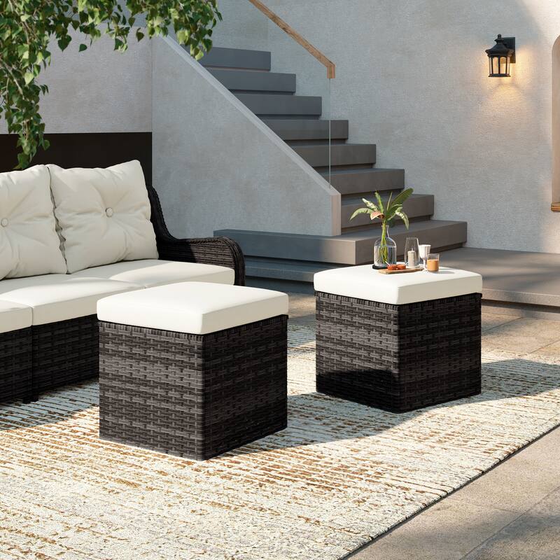 Outdoor Wicker Square Storage Ottoman with Plush Cushion(Set of 2)