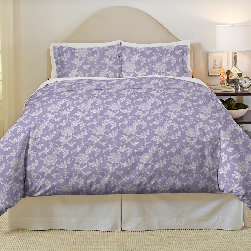 Pointehaven Flannel 180 GSM Brushed Soft Cotton Oversized Duvet Sets - Twin - Twin XL - Lilac Bloom