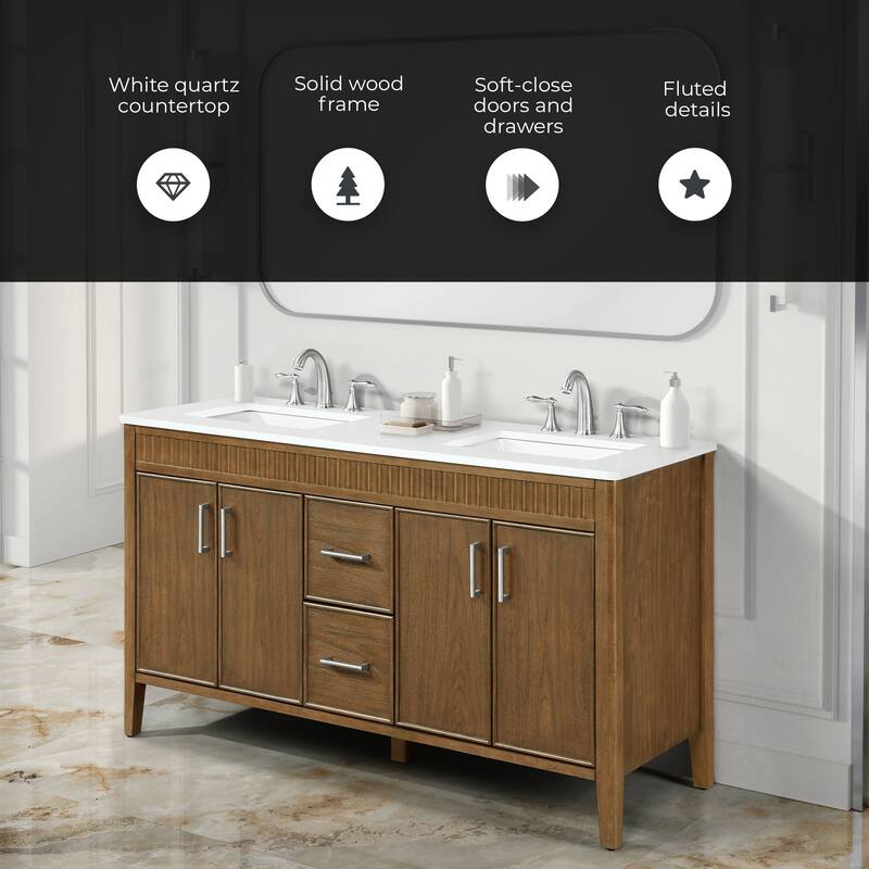 Juliette Warm Walnut Bathroom Vanity with White Quartz Top