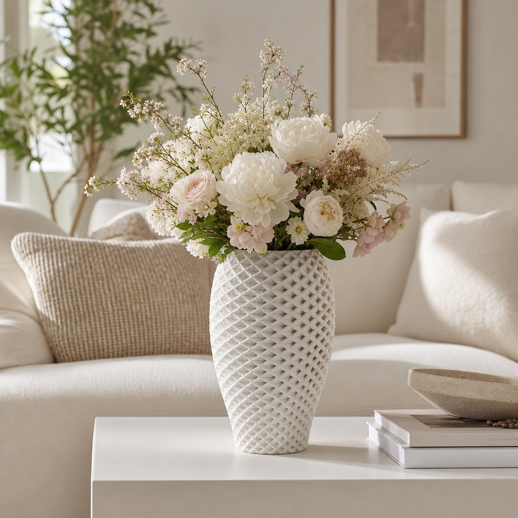 Decorative Vase - White Porcelain Textured Diamond, 13 in.