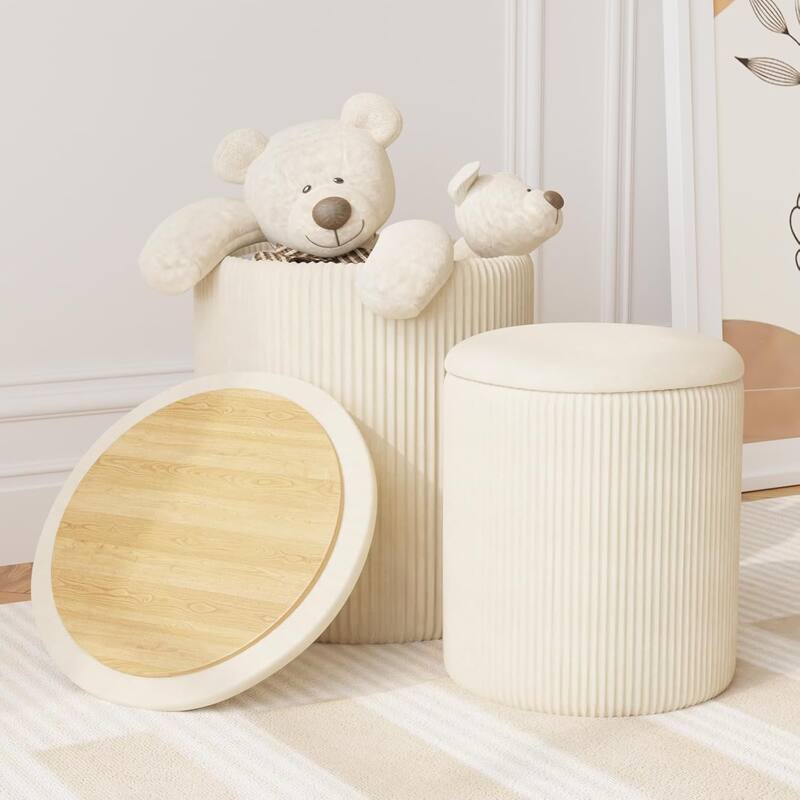 BOSSIN Round Ottoman with Storage Set of 2, Velvet Vanity Stool, Pouf Ottoman Foot Rest