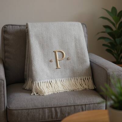HomeRoots 55" X 70" Gray And White Herringbone Cotton Blend P Initial Throw Blanket with Tassels And Embroidery