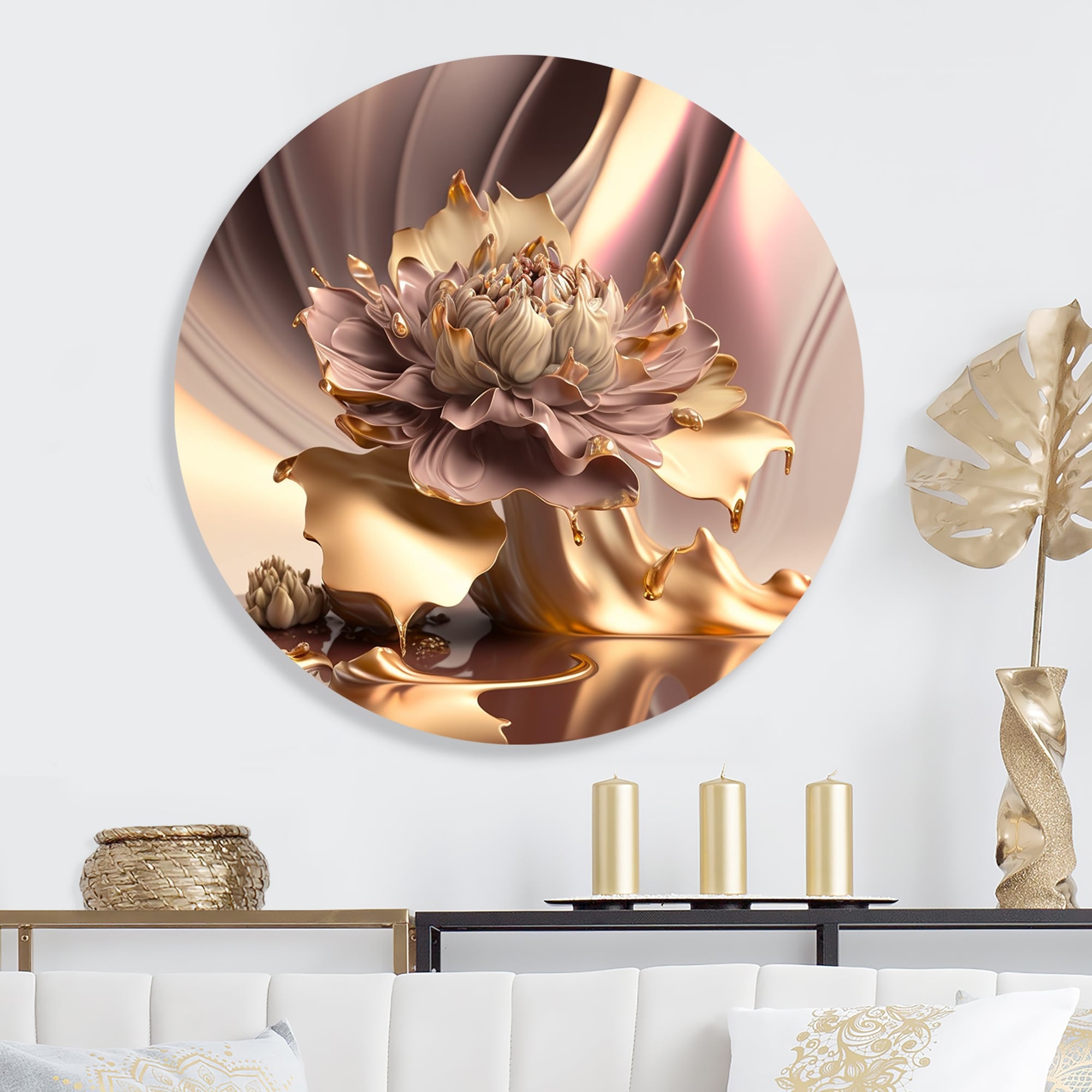 Designart 'Liquid Gold And Pink Modern Flowers II' Traditional Metal Round Wall  Art Bed Bath  Beyond 37833738