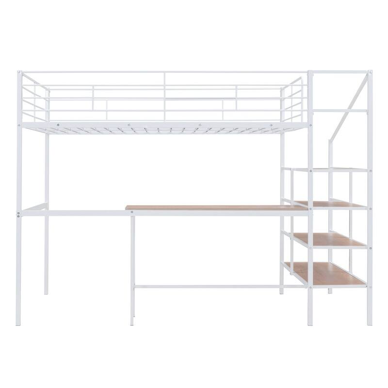 Metal Loft Bed with Desk and Lateral Storage 4-layers Ladder,Full Size