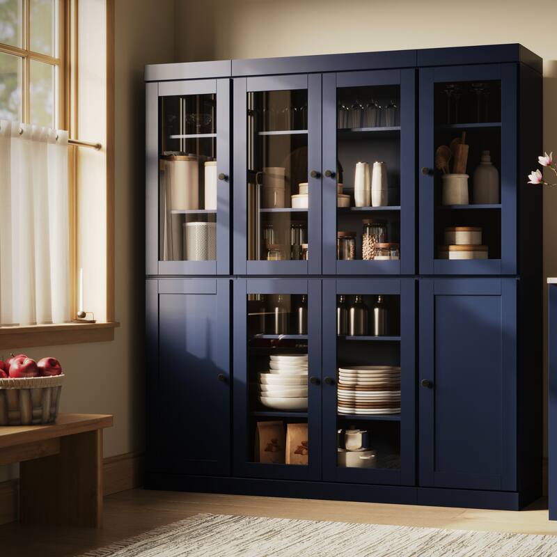 Palace Imports 100% Solid Wood 65" Pantry Cabinet with Clear Glass, Shaker Doors and Adjustable Shelves - Navy