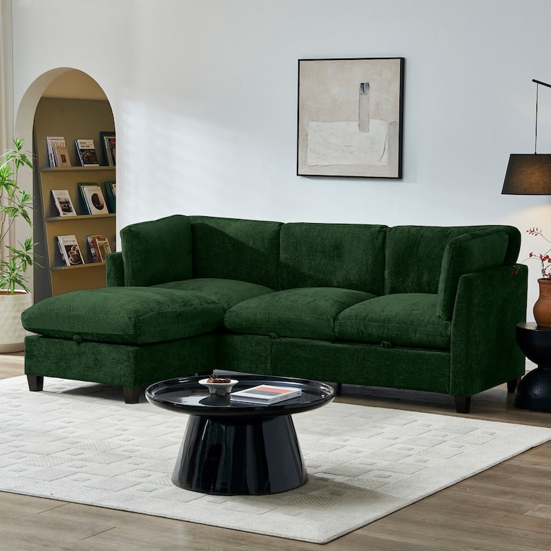 96.5" L-Shaped Chenille Sectional Sofa with Storage and Movable Ottoman
