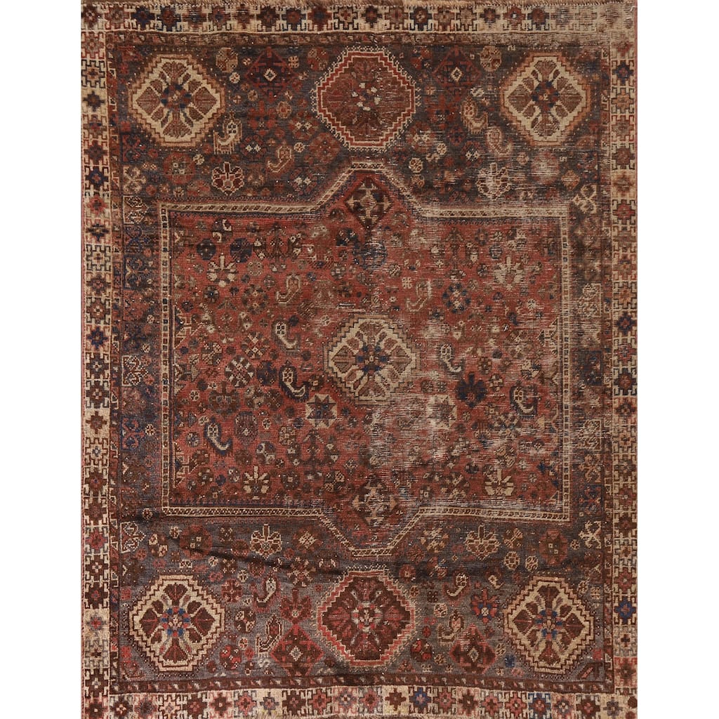 Pre-1900 Antique Qashqai Persian Rug Hand-knotted Wool Carpet - 5'2"x 6'5"