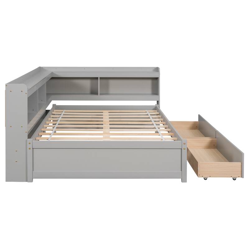 Full Bed with L-shaped Bookcases and Drawers
