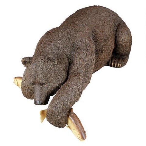 33" Brown Bear Catching Fish Hand Painted Outdoor Garden Statue - N/A