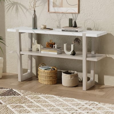 Narrow Console Table with Marble-Effect Top(Gray Wash)