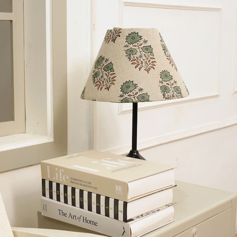 Fabdivine Mayra Handmade Green Pure Linen Floral Block Print Lampshade - Bohemian Table Lamp Shade for Home Décor