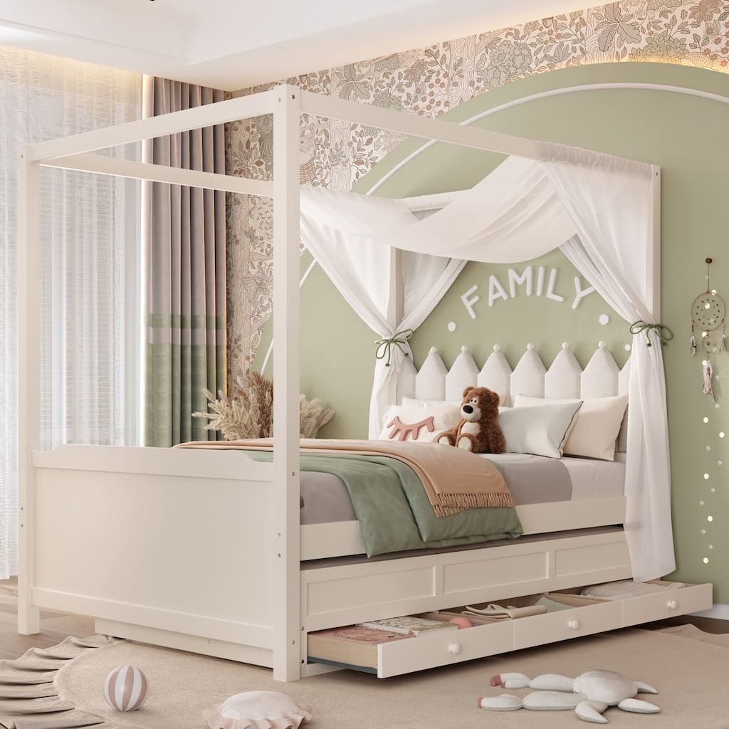 Full/Twin Platform Bed with Upholstered Headboard, Trundle & 3 Drawers, Princess Canopy Bed