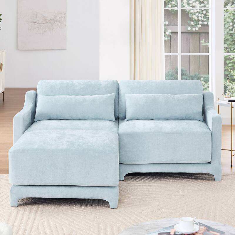 73.2" Chenille 2-Seater Sofa with Ottoman, 2 Pillows & Solid Wood Frame