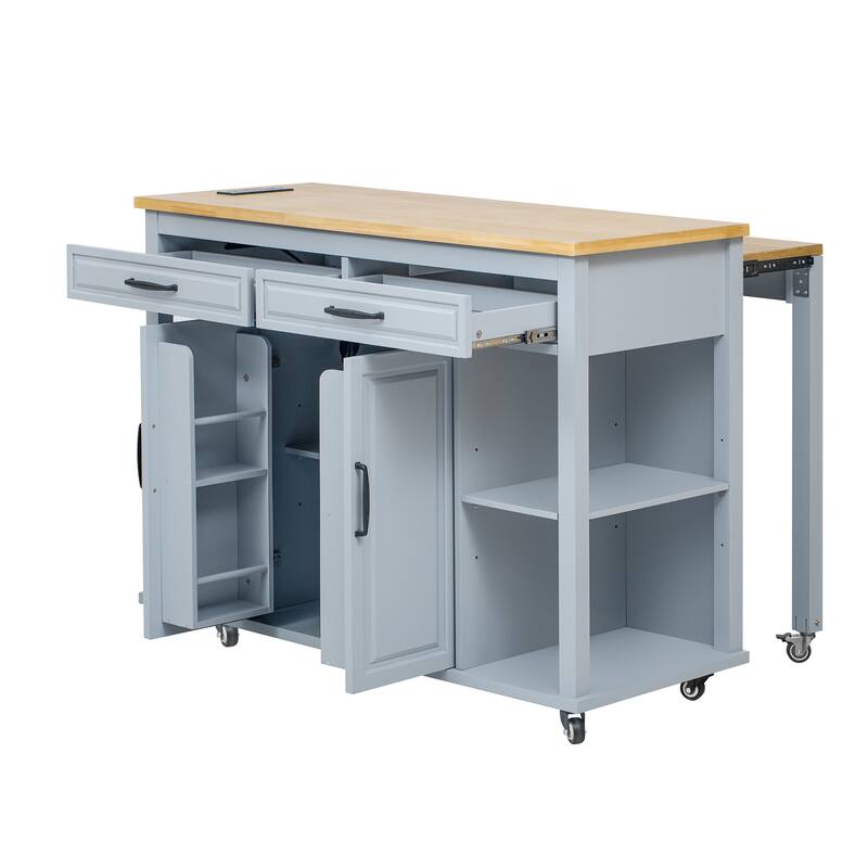 47" Wood Rolling Kitchen Island with Extendable Top,Rack,Power Outlet - Blue