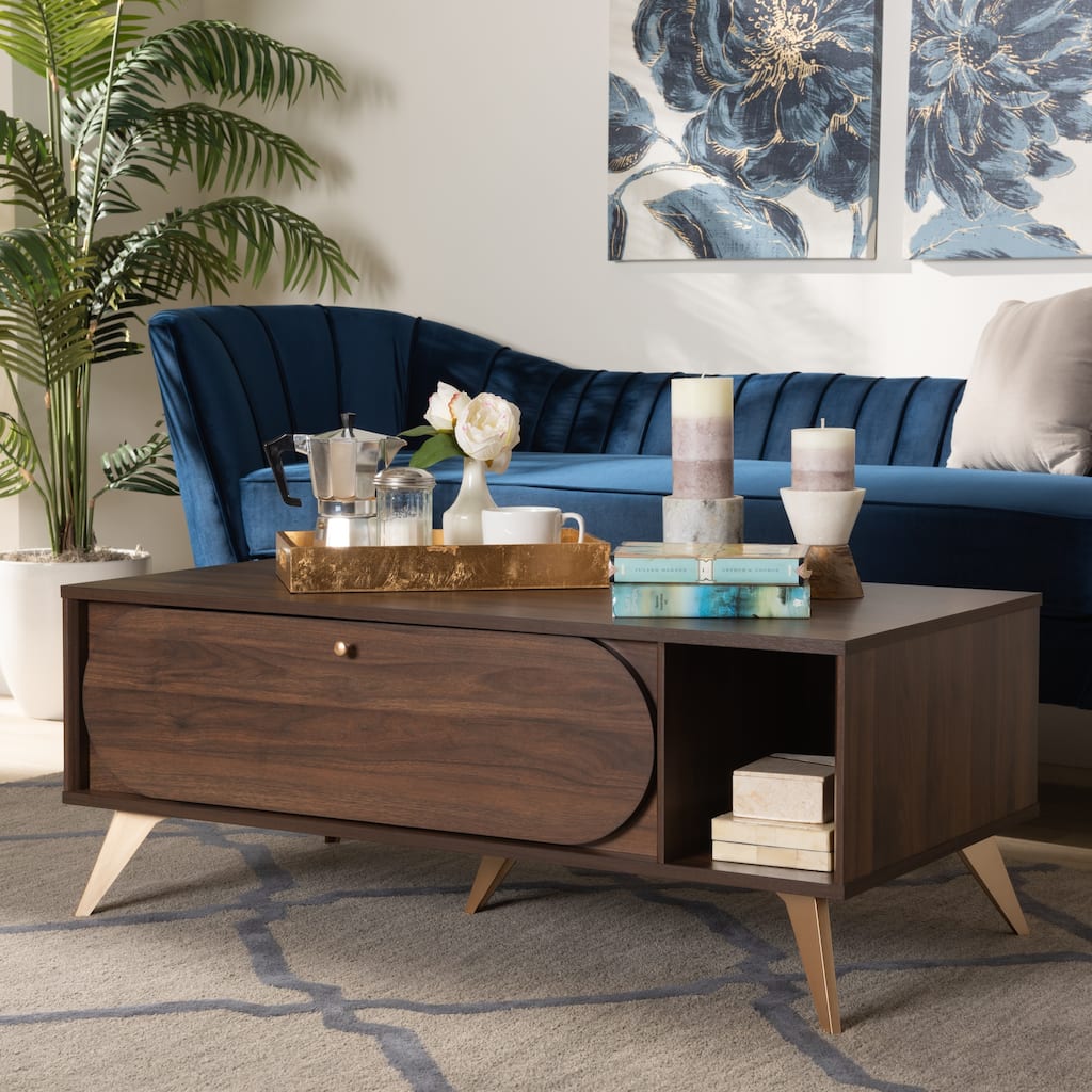 Edel Mid-Century Walnut Brown and Gold Finished Wood Coffee Table