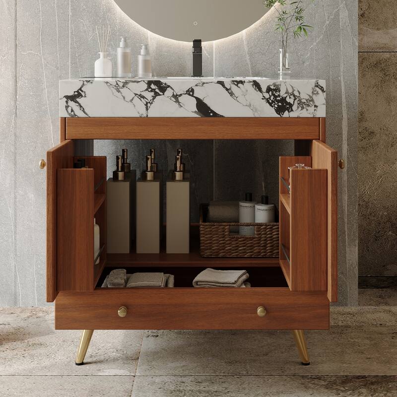 Mid-Century 30" Freestanding Bathroom Vanity with Faux Marble Top, Ceramic Sink & Gold Legs Cabinet