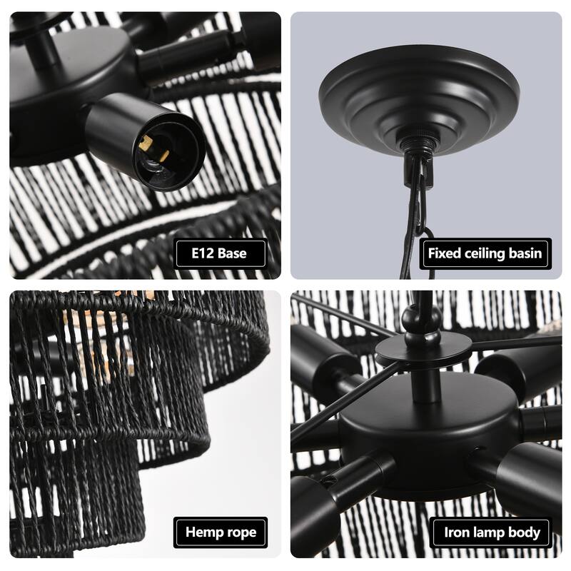 Rustic 5-Tier Rope Chandelier Boho Farmhouse Ceiling Fixture with 8 E12 Sockets, for Dining Room, Kitchen and Entryway