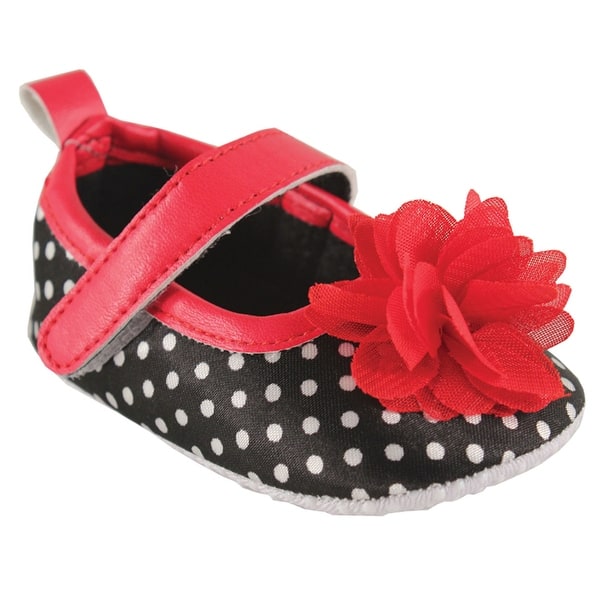 slide 1 of 1, Luvable Friends Baby Girl Crib Shoes, Black With White Dots 12-18 Months - Black With White Dots
