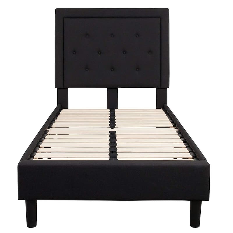 Black Twin Size Fabric Upholstered Platform Bed Frame with Tufted Headboard
