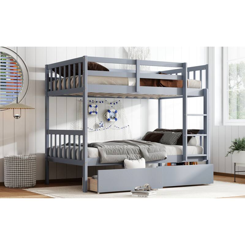 Roomfitters Twin Over Twin Rubber Wood Bunk Bed with Underbed Storage, Convertible to 2 Twin Beds, Ladder & Guardrails