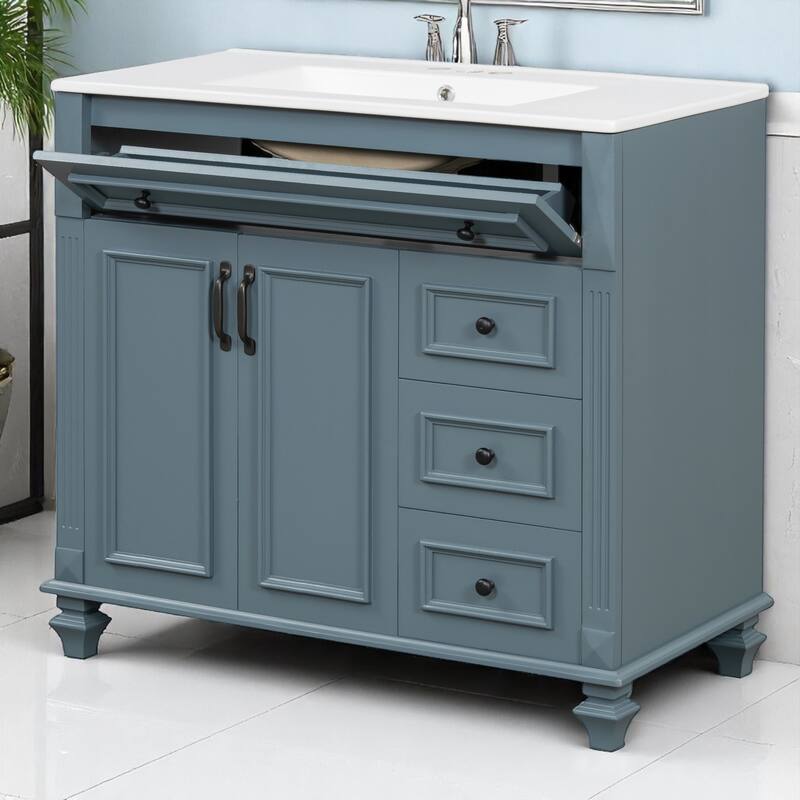 36" Bathroom Vanity with Sink, Freestanding White Cabinet with Gold Hardware, Ceramic Top, Flip Drawer, Soft-Close Doors