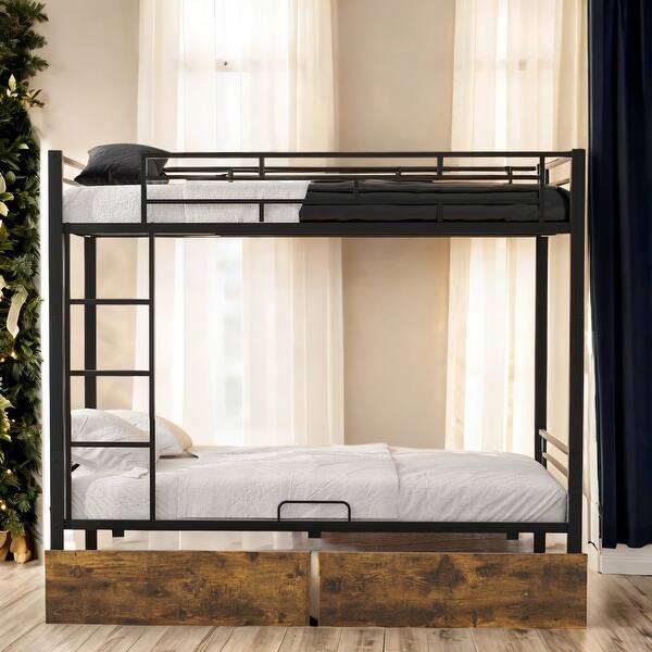 slide 2 of 16, Twin Over Twin Metal Frame Kid'S Bunk Bed With 2 Drawers Black