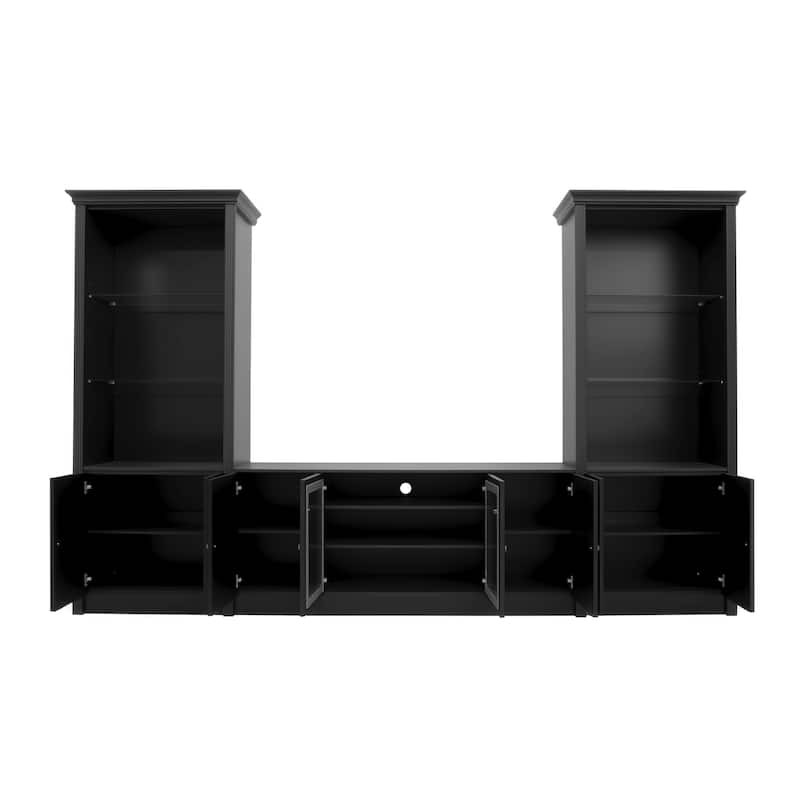 128" Wall Unit Entertainment Center with Bookshelves, Wood Media Console TV Storage Cabinets with Glass Doors for TVs up to 80"