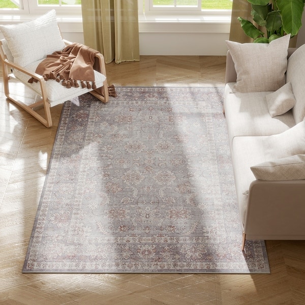 slide 2 of 9, HOMCOM Area Rug 4x6, Machine Washable Rug, Non-Slip Traditional Flower Print Floor Cover Foldable Carpet for Living Room - 3'6" Cream/Onyx - 3'6" - Square