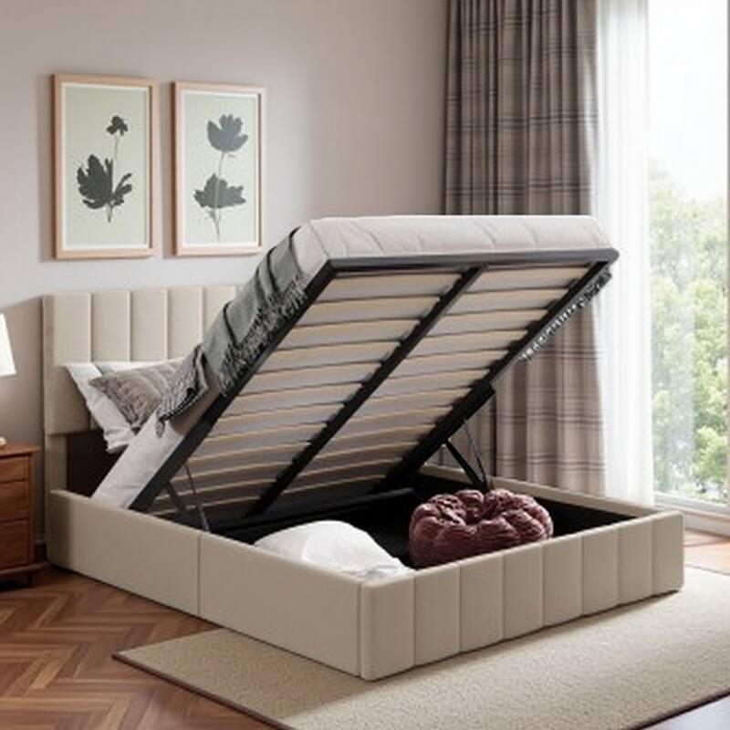 Queen Size Upholstered Platform Bed Frame with Hydraulic Lift Storage, Linen Fabric Headboard & Solid Wood Slat Support - Queen Beige - Queen