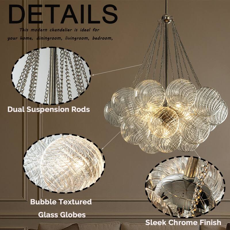 27'' Modern Glam Cluster Chandelier 6 Lights Pendant with Hand Blown Textured Glass Globes And Chrome Finish for Dining Room