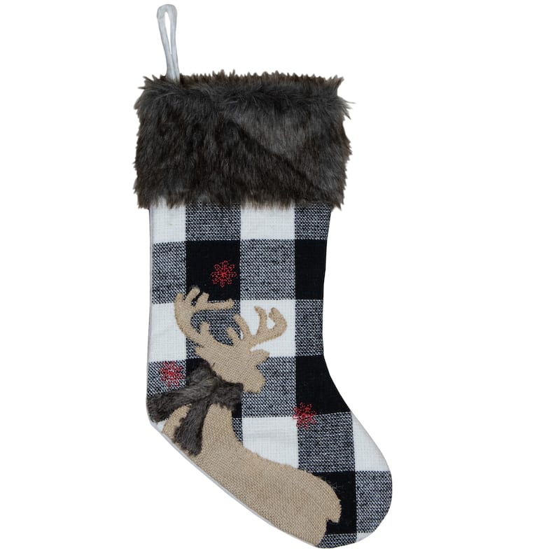 18-Inch Black and White Buffalo Plaid Burlap Reindeer Christmas Stocking - 18"