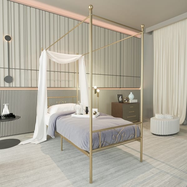 slide 3 of 11, Teraves Twin Canopy Bed Frame 4-Post Metal Platform Bed with Headboard and Footboard, Gold Gold
