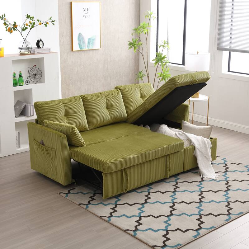Green 81.1'' L-Shaped 3-Seater Sectional with Reversible Chaise, Sleeper Feature, and Storage Seats