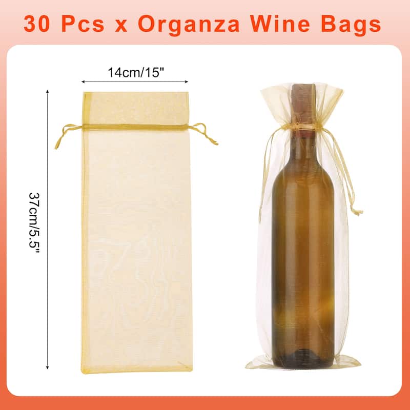 30pcs Organza Wine Bags, 15x5.5" Wine Gift Pouches with Drawstrings - Gold