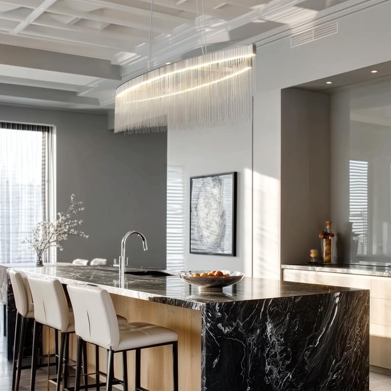Rectangular Aluminum Tassels Chandelier Linear Ceiling Light Fixture Over Kitchen Island, 3 Colors Lighting - Chrome Silver