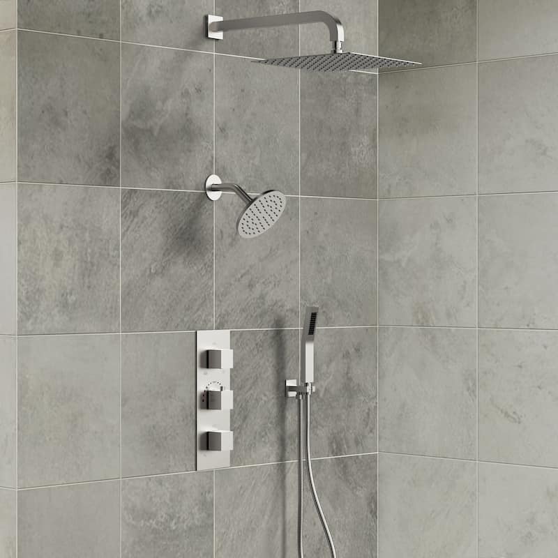 Thermostatic Shower System 12" Dual Heads Shower Faucet with High Pressure Handheld Spray - Brushed Nickel
