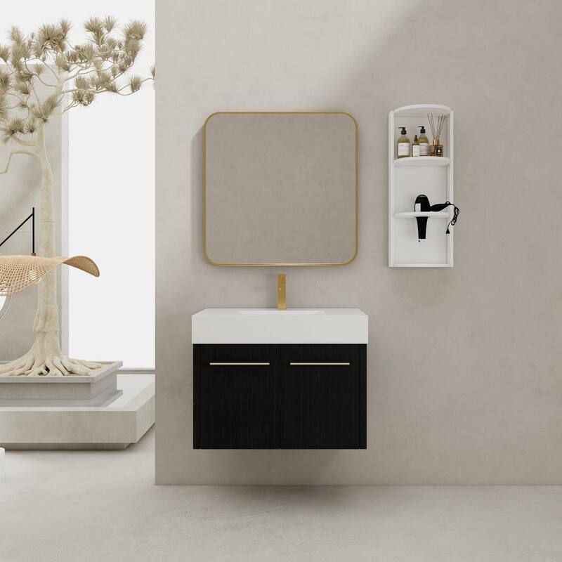 Wall mounted bathroom vanity with sink and storage shelf