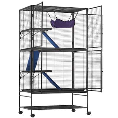 Black Iron & Plastic Ferret Cage with Hammock, Ramps & Storage Shelf - 36.2"x22.8"x64.6"