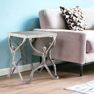HomeRoots 18" Silver And Antiqued White Aluminum Square End Table - 18' X '18' X '18