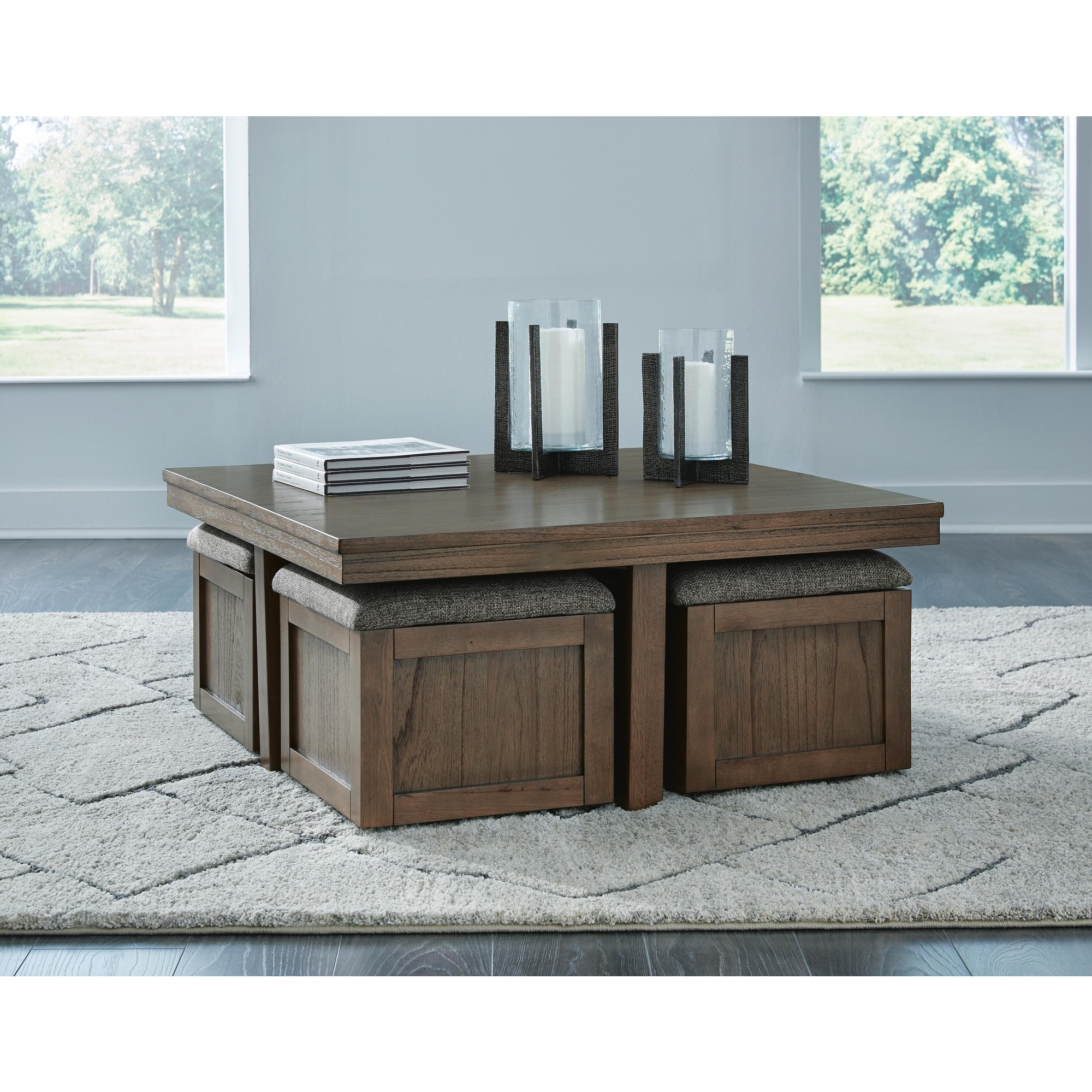 Signature Design by Ashley Boardernest Brown Coffee Table with 4 Stools - 40"W x 40"D x 18"H