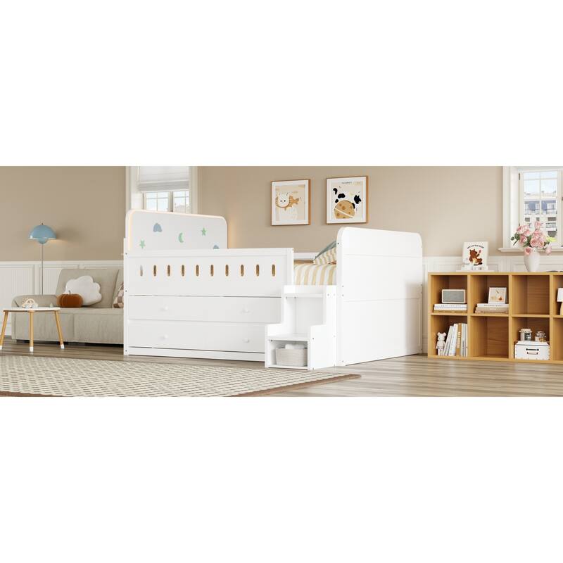 Roomfitters Full Size Wooden Bed with LED Headboard, 4 Storage Drawers and Ladder