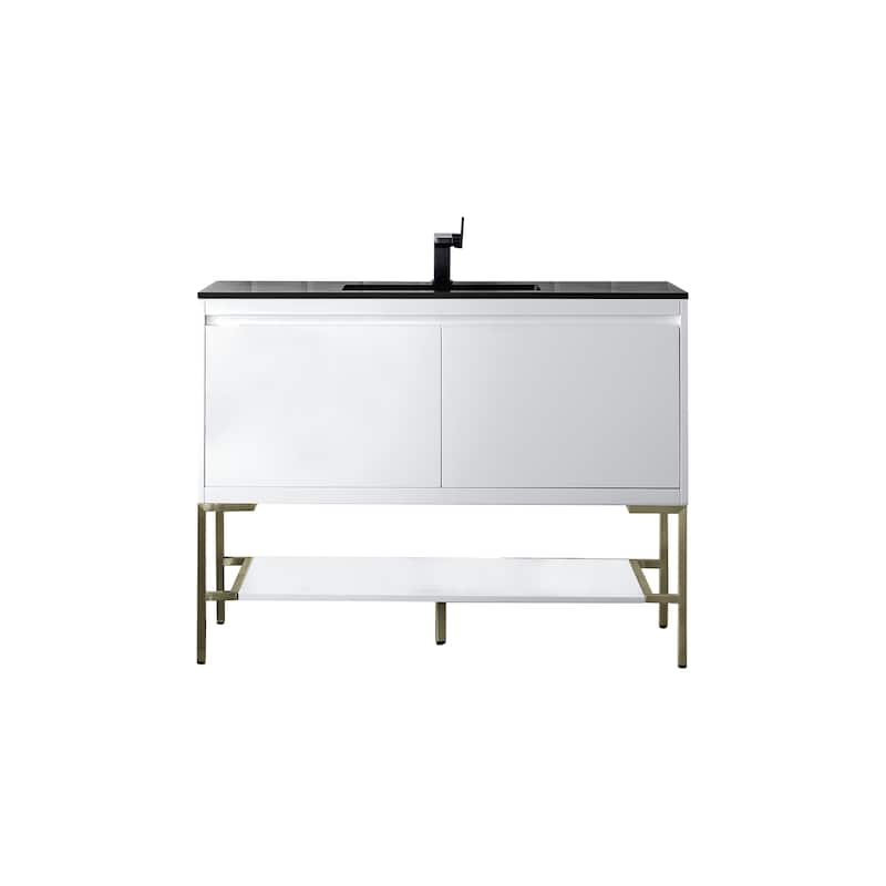 James Martin Vanities Mantova 47.3" Single Vanity Cabinet, Glossy White - Champagne Brass Base, Charcoal Black Top